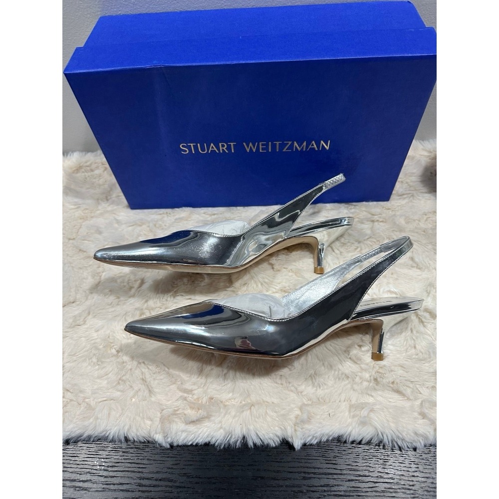 Stuart Weitzman Silver Slingback Pumps | Pointed Toe Heels Luxury Modern Glam‎ - Picture 4 of 7